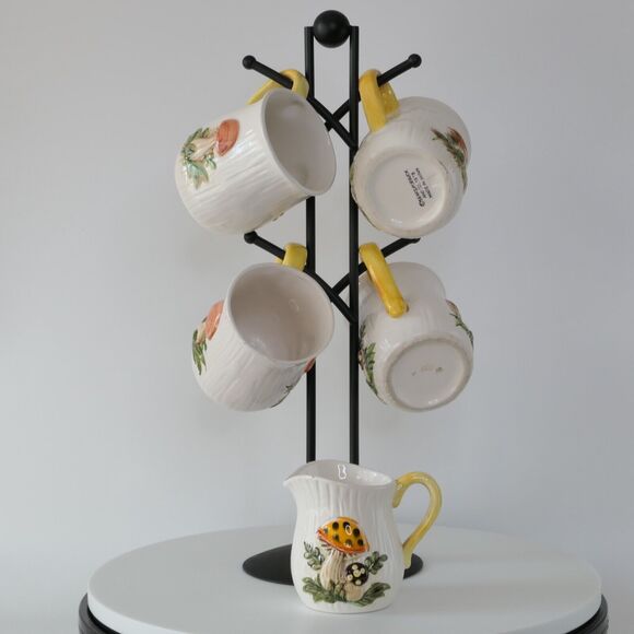 Sears Roebuck Japan Merry Mushroom 4 Mugs Creamer Stand MCM Retro Grannycore - Picture 8 of 15